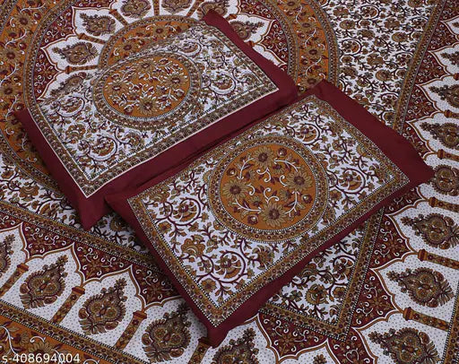 Attractive floral 144TC cotton double bedsheet (90x100 inches) with 2 pillow covers - Disha Art Collection, Indian-made for summer comfort