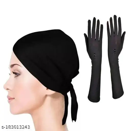 Cotton canvas Muslim Women hand gloves & under hijab cap pack of 2 - India-made skull cap net & onesize hand glove