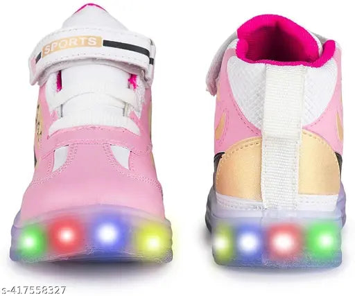 Pink synthetic leather LED sneakers for kids, fun and practical outdoor/sports shoes with Velcro fastening