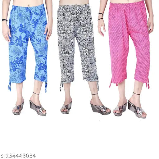 NANDAVAAN printed cotton capri pack of 3 in free size - comfortable & trendy ladies track pants, Indian origin