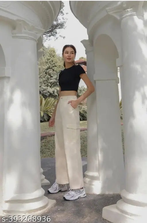Cream cotton-lycra cargo pants with slanted inset pockets and flap, stretchable and relaxed fit for casual and formal wear