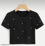 Black cotton top with short sleeves and pearl embellishments, printed net pattern. Handcrafted Indian fashion top