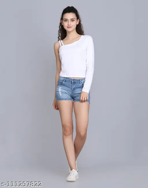 White polyester long-sleeve crop top with one shoulder design, made in India