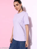 Women's lavender oversized cotton sweatshirt - solid, short-sleeved, XS (38in bust, 27in length), stylish loungewear from India
