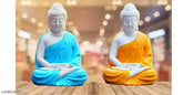Sky blue & orange marble Dhyan Buddha statue, 2 pieces, exquisite handcrafted Indian decor for home or office