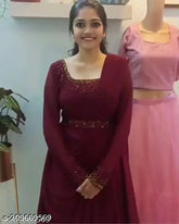 Maroon Georgette gown Chauki with matching belt and dupatta, fox Georgette fabric, solid net pattern, hot fix work on neck and sleeves. Package includes Kurti, Dupatta, and free Belt. Available in various sizes (S-XXL) and originates from India