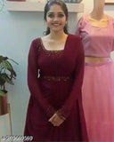 Maroon Georgette gown Chauki with matching belt and dupatta, fox Georgette fabric, solid net pattern, hot fix work on neck and sleeves. Package includes Kurti, Dupatta, and free Belt. Available in various sizes (S-XXL) and originates from India