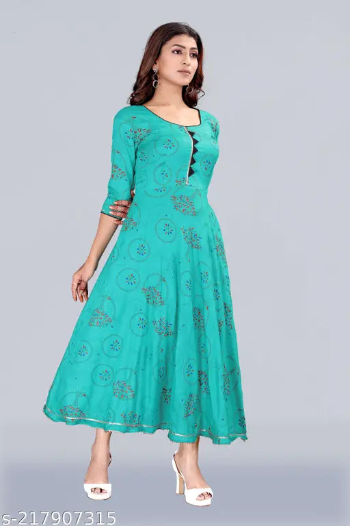 Rayon printed Meesorra long gown kurti, three-quarter sleeves, vibrant Indian print on display