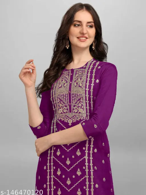 Designer Art Silk Unstitched Women's Kurta Set with Dupatta, Indian Traditional Party wear. Zari woven Banarasi fabric in three-quarter sleeves. Perfect for special occasions and machine/hand washable