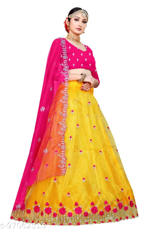 Embroidered dupion silk lehengha with tissue dupatta, heavy net fabric, multi-thread embroidery work, semi-stitched up to 44 inch blouse, heavy banglory silk inner, 41-43 inch length, Indian handcrafted tradition wear