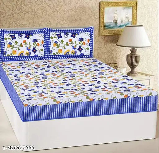 Comfortable cotton double printed bedsheet with matching pillow covers, vibrant design on display, 144 thread count, India origin