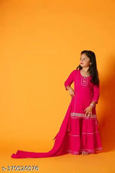 Girls rayon printed suit set, solid pattern in organza dupatta and rayon bottomwear