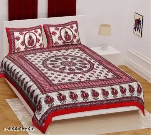 White and vibrant Saganeri cotton bedsheet set with 2 pillow covers, ethnic motifs on regular quality flat sheets for AC room, made by DIGITRENDZZ
