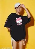 Oversized cotton women's t-shirt with three-quarter sleeves, printed pattern, S-XL sizes. Women's oversize t-shirt on hanger
