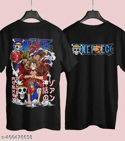 One Piece Anime graphics printed t-shirt for men, both sides. Cotton blend with short sleeves and front/back printed design. Model height 6'0 wearing size L. Made in India
