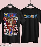 One Piece Anime graphics cotton blend t-shirt for men, both sides, short sleeves, printed net design on display