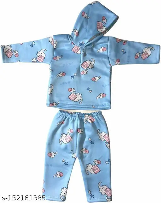 Printed hooded cotton blend sweater for baby boys and girls, featuring long sleeves with a net pattern. Size: 0-3 Months or 6-12 Months, made in India