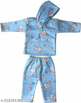 Cotton blend printed hoodie for babies, featuring long sleeves and a net pattern. Size options: 0-3 Months & 6-12 Months. Made in India