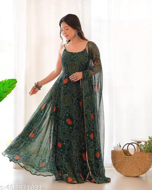 Dark green and pink chiffon Anarkali suit, sleeveless, printed net, ready for weddings in Rajasthan. Inner micro cotton lining, 8m flair, padded, fancy backless design