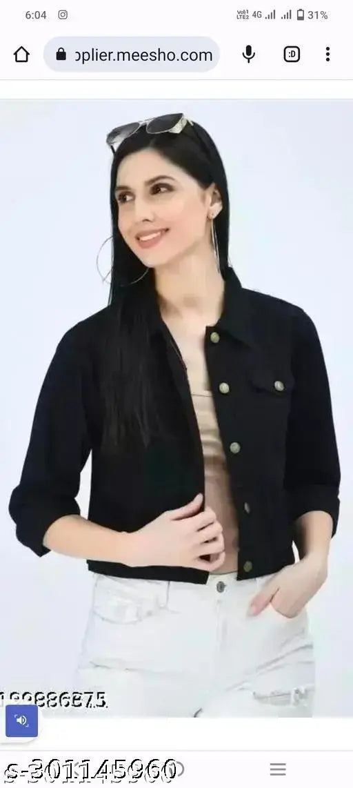 Black denim jacket for women, solid black with long sleeves, size S, made in India