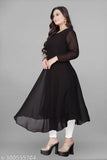 Luxurious georgette party wear gown and kurti set, three-quarter sleeves, solid color for woman. Georgette Indian women's formal gown and kurti on display