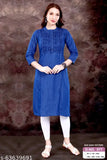 Navy blue denim zigzag design kurti with three-quarter sleeves, embroidered for women and girls. Traditional Indian denim tunic with modern twist