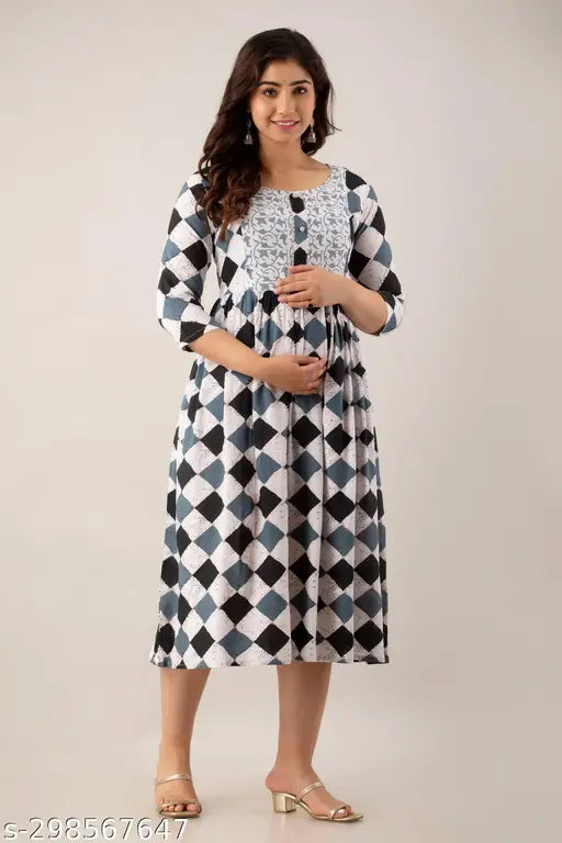 Rayon maternity feeding dress with zip, ARNICA print and three-quarter sleeves, available in sizes S-XXL