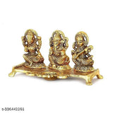 Decorative brass Ganesh Laxmi Saraswati idol set with diya, gold-plated antique finish for home/office pooja decor