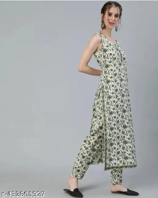 Rayon printed net mehandi kurta and pants, sleeveless design with vibrant Indian motifs. XS-XXXL sizes available