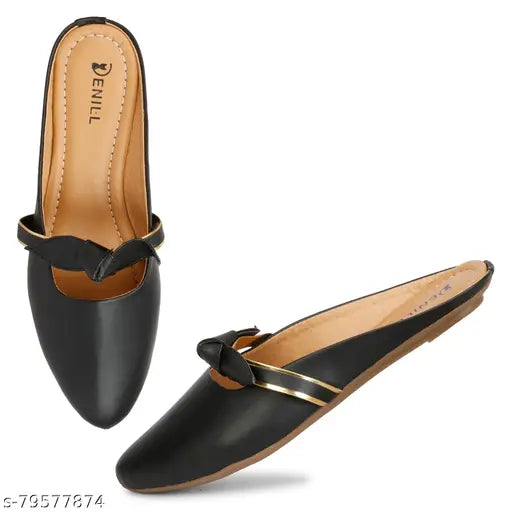 Synthetic leather pointed toe mules for women, black color - casual and stylish footwear on all occasions