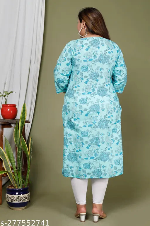 Light Blue plus size printed cotton kurta with three-quarter sleeves, suitable for women of various sizes XXL to 8XL from Swasti, India