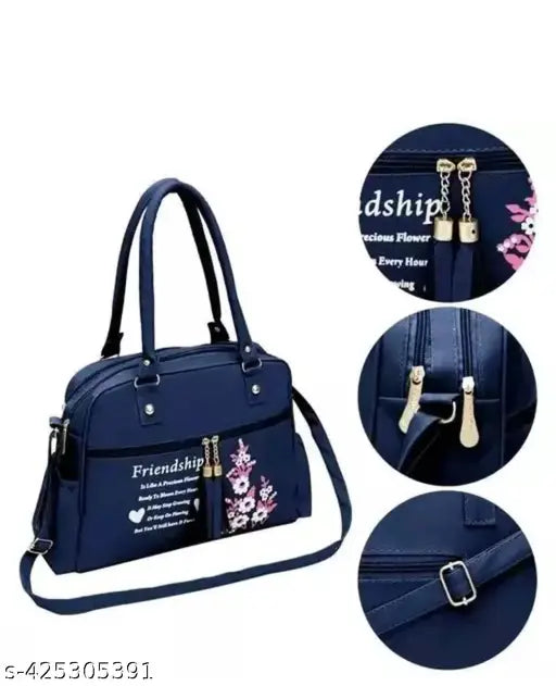 Flower print PU handbag, solid net free-size bag with 3 compartments, India origin