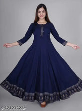 Long flared rayon Anarkali kurta, solid net, three-quarter sleeves. Indian ethnic wear with tussles, ideal for any occasion