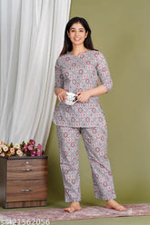 Women's Grey Cotton Printed Co-ord Night Suit Set, stylish ethnic kurti for casual & festive wear, soft and comfortable cotton fabric