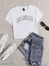 White cotton printed round neck women's t-shirt, short sleeves, casual look, India origin