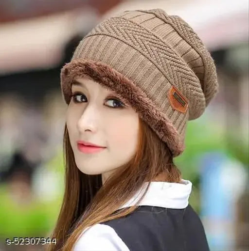Light brown woolen beanie cap (with fur lining), snow-proof and unisex, perfect for winter wear