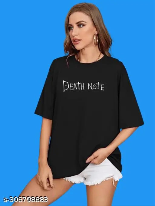 Black cotton oversize Death Note women's t-shirt with off-shoulder design, printed pattern, short sleeves. Size: XS (Bust 36in, Length 25in), S (Bust 38in, Length 26in), M (Bust 40in, Length 27in), L (Bust 42in, Length 28in), XL (Bust 44in, Length 29in). Made in India