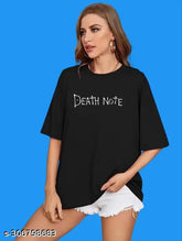 Black cotton oversize Death Note women's t-shirt with off-shoulder design, printed pattern, short sleeves. Size: XS (Bust 36in, Length 25in), S (Bust 38in, Length 26in), M (Bust 40in, Length 27in), L (Bust 42in, Length 28in), XL (Bust 44in, Length 29in). Made in India