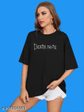 Black cotton oversize Death Note women's t-shirt with off-shoulder design, printed pattern, short sleeves. Size: XS (Bust 36in, Length 25in), S (Bust 38in, Length 26in), M (Bust 40in, Length 27in), L (Bust 42in, Length 28in), XL (Bust 44in, Length 29in). Made in India