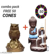 Handcrafted PMR BUDDHA backflow incense holder with gold OWL combo, features 50 free smoke cones. Exquisite decor piece for home temple, desk, or table