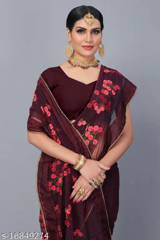 Floral embroidered Moti Lace net saree, Unstitched blouse piece. Pure soft net Bollywood-style festive wear