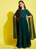 Green Georgette Embroidered Net Maxi Dress with Long Sleeves, Bottle Green color for girls ages 8-15