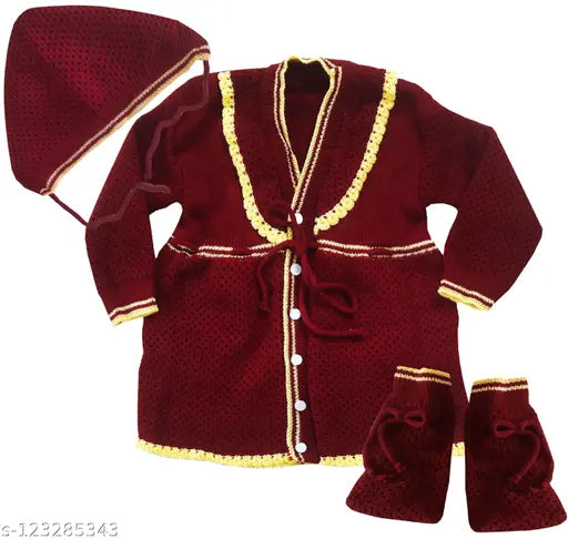 Woolen knitted baby girl sweater set with cap & booties, full sleeves, solid pattern. Warm clothing for newborns." (118 characters)
