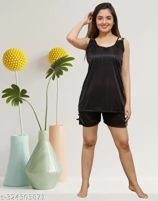 Black satin nightwear top & shirt set, sleeveless, solid color on model