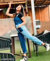 Blue check denim jumpsuit, sensational style for women, sleeveless, colorblocked with net accents. (Size S, waist 28in, bust 34in) Indian design