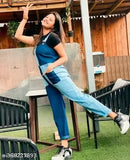 Blue check denim jumpsuit, sensational style for women, sleeveless, colorblocked with net accents. (Size S, waist 28in, bust 34in) Indian design