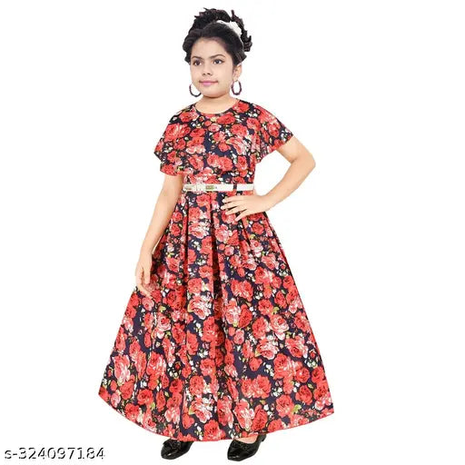 Trendy Girls cotton blend printed net short sleeve gown dress, designed for children's formal events or loungewear, 6-7 years size