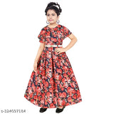 Trendy Girls cotton blend printed net short sleeve gown dress, designed for children's formal events or loungewear, 6-7 years size