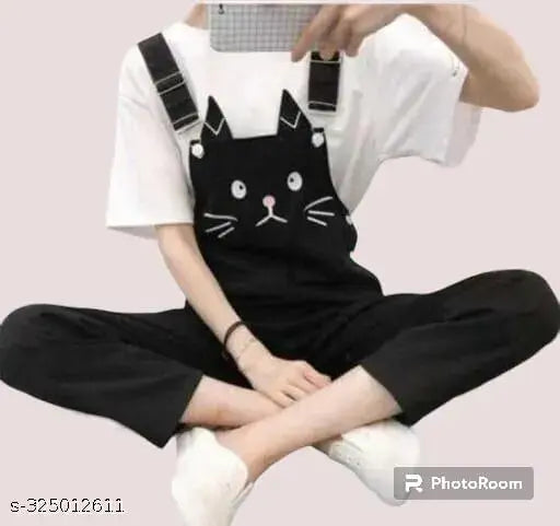 Latest cotton blend cat print jumpsuit for women and girls with short sleeves, white t-shirt underneath, size N available