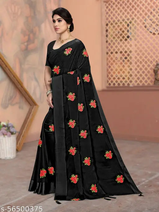 Heavy embroidered chiffon saree with hot fixing work, India-origin free size